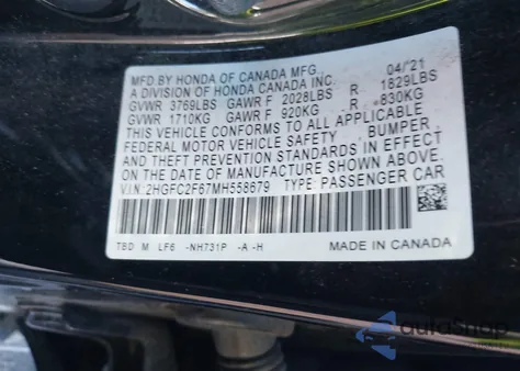 2021 Honda Civic Lx из США, поврежденный, VIN 2HGFC2F67MH558679